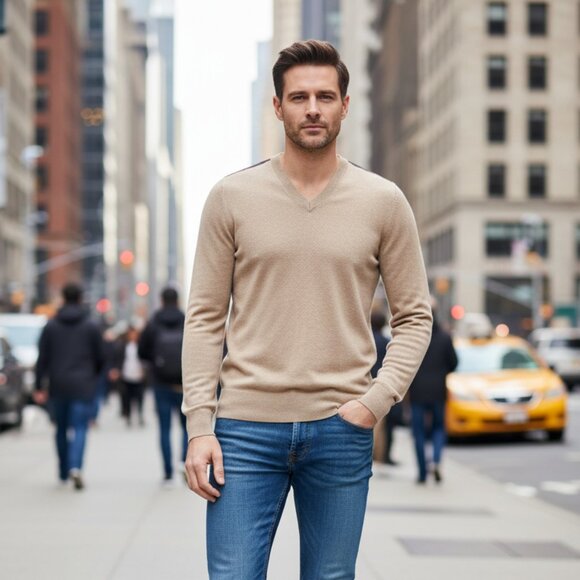 Burberry Brit Sweater Mens Medium V-Neck Cashmere Cotton Nova Check Shoulders - Picture 14 of 14